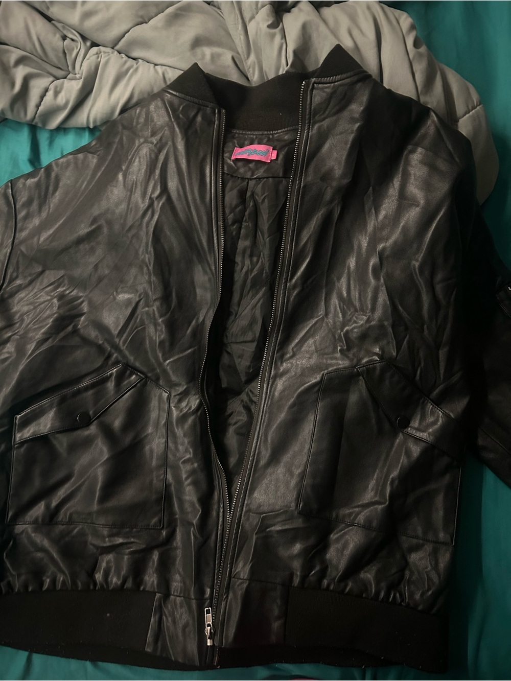 Edikted Black Leather Bomber Jacket with Ribbed Trim